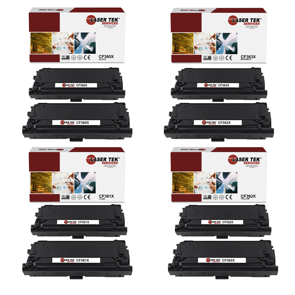 8 Pack Compatible 508X High Yield Toner Cartridge Replacements for the HP CF360X, CF361X, CF363X, CF362X. (2x Black, 2x Cyan, 2x Magenta, 2x Yellow)