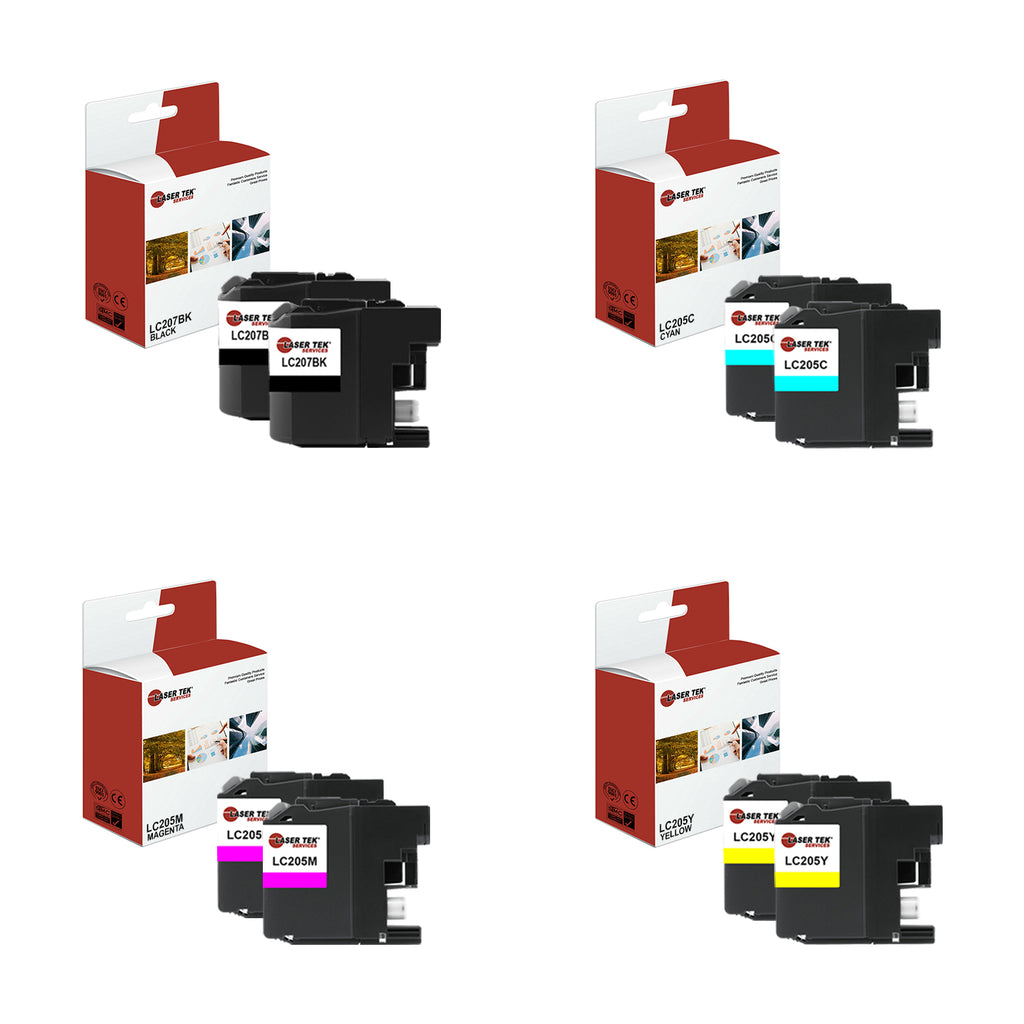 8 Pack Compatible Brother LC207 / LC205 Super High Yield Replacement Ink Cartridges for the Brother MFC-J4320DW, MFC-J4420DW, MFC-J4620DW (2 Black, 2 Cyan, 2 Magenta, 2 Yellow)