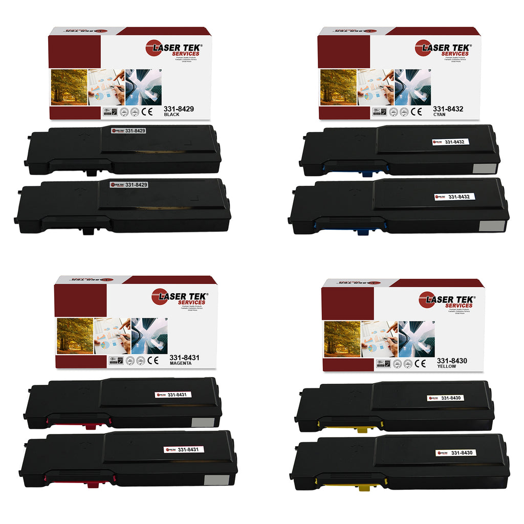 8 Pack Compatible Dell 3760 / 3765 Replacement Toner Cartridges. Contains 2K (331-8429), 2C (331-8432), 2M (331-8431), 2Y (331-8430)