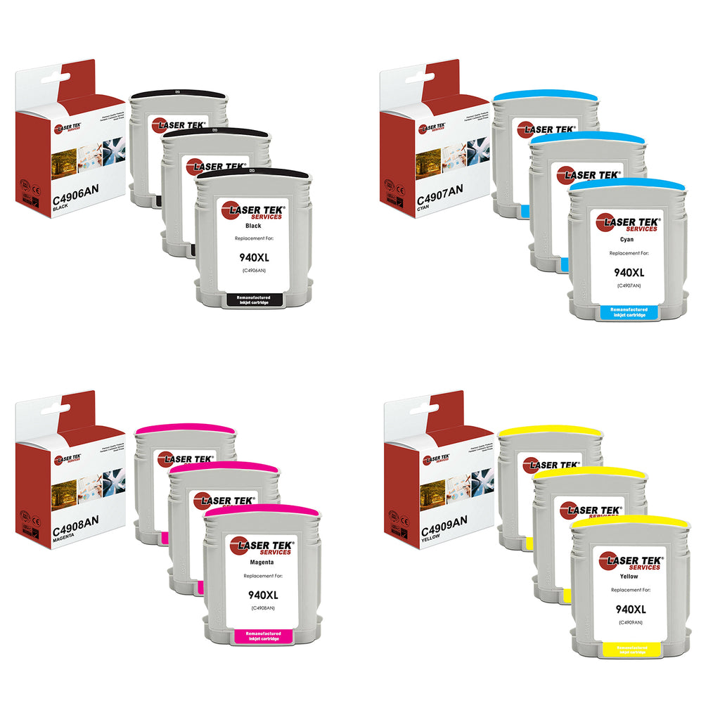 12 Pack Compatible 940XL Ink Cartridge Replacements for HP C4906AN C4907AN C4908AN C4909AN (3 Black, 3 Cyan, 3 Magenta, 3 Yellow)