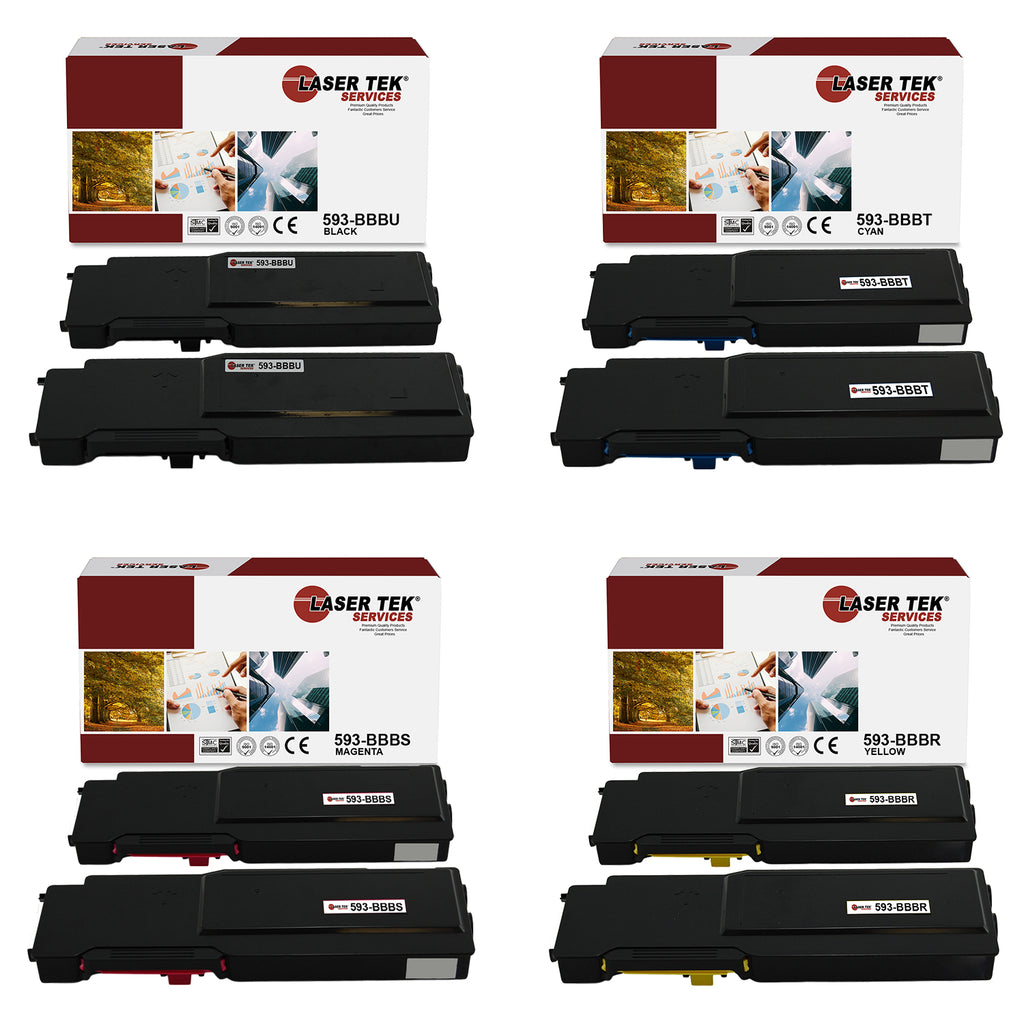 8 Pack Compatible Dell C2660/2665 replacement toner cartridges. Contains 2 593BBBU, 2 593BBBT, 2 593BBBS, and 2 593BBBR
