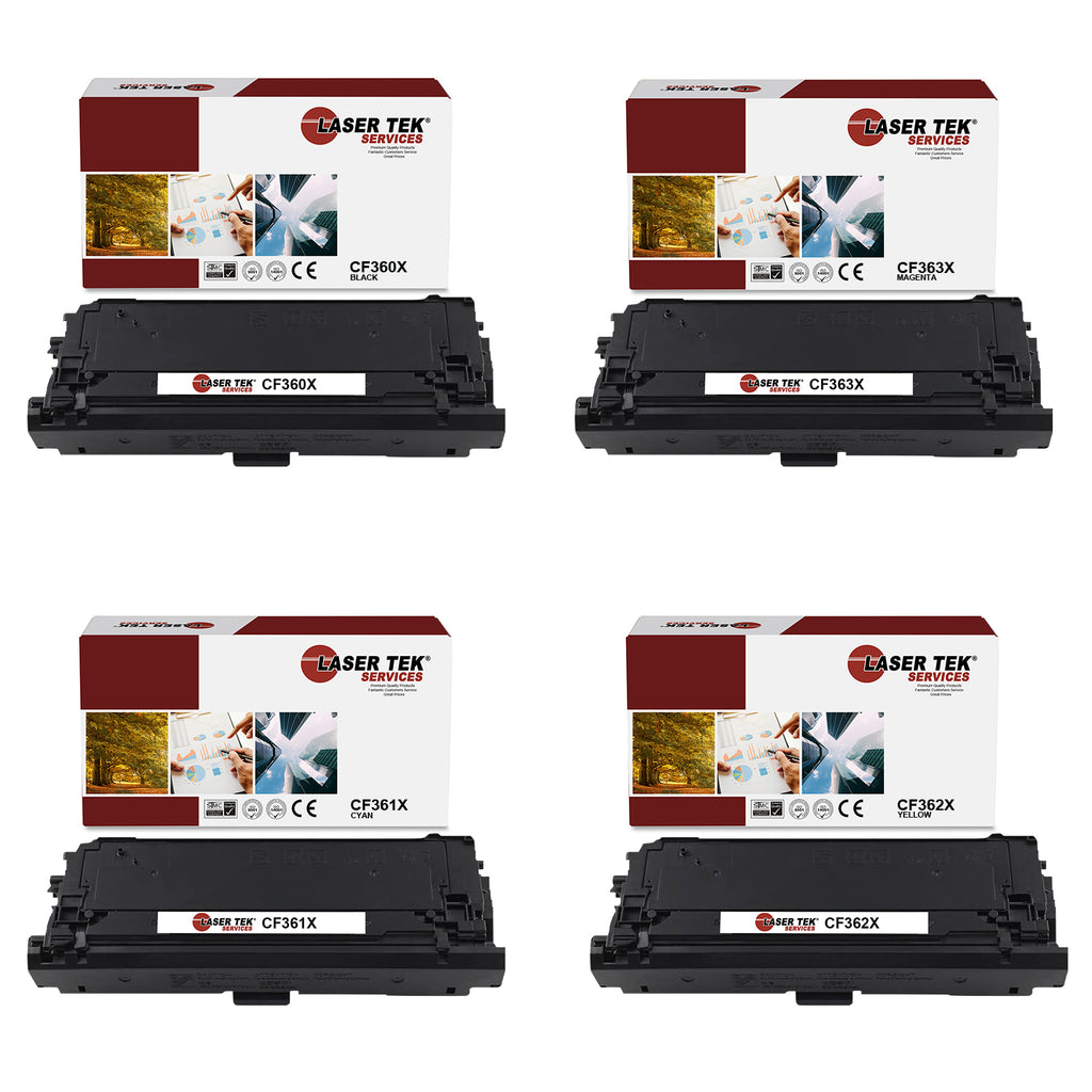 4 Pack Compatible 508X High Yield Toner Cartridge Replacements for the HP CF360X, CF361X, CF363X, CF362X. (Black, Cyan, Magenta, Yellow)
