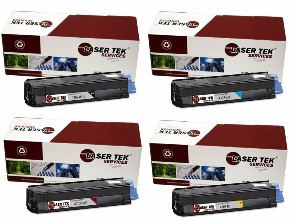 4 Pack Compatible C3200 Toner Cartridge Replacements for the Okidata 43034804, 43034803, 43034802, 43034801. (Black, Cyan, Magenta, Yellow)
